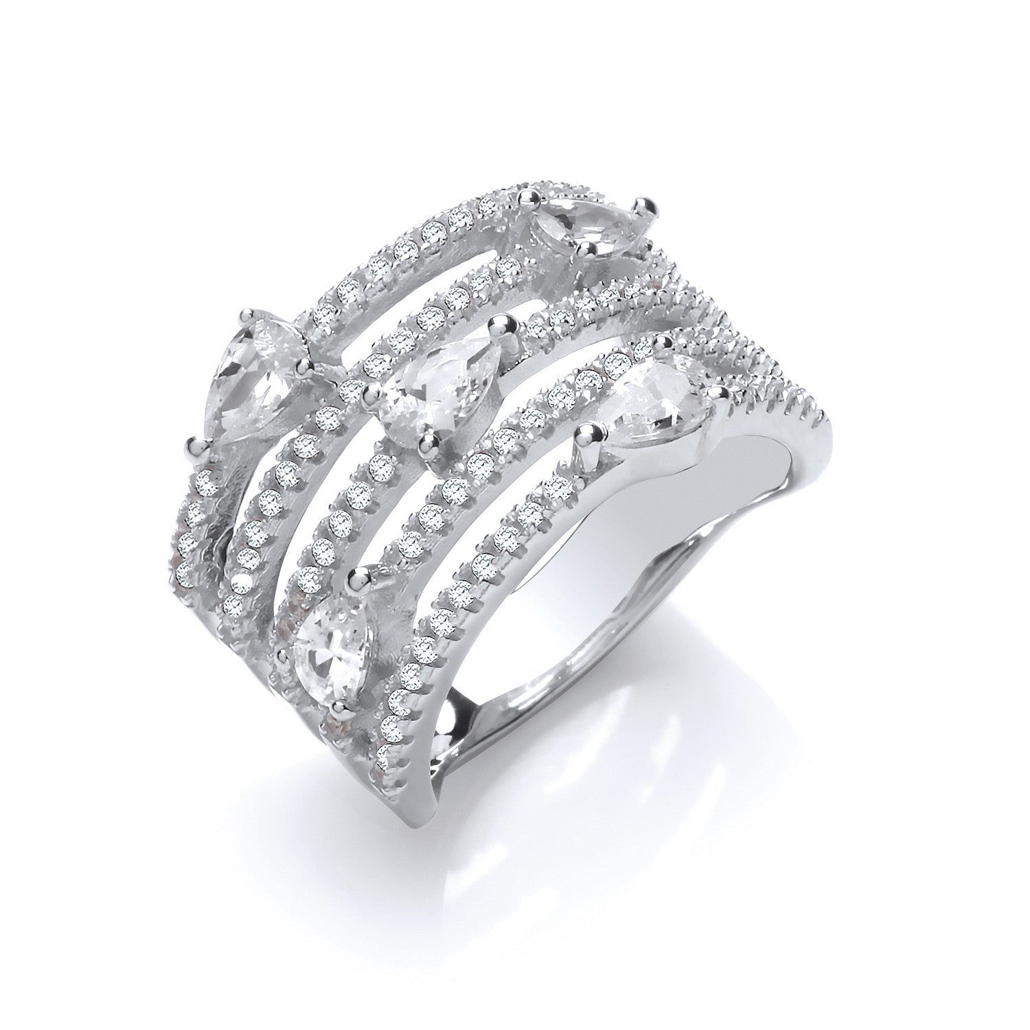 Sterling Silver Five Rows Round & Pear Shape Cubic Zirconia Ring