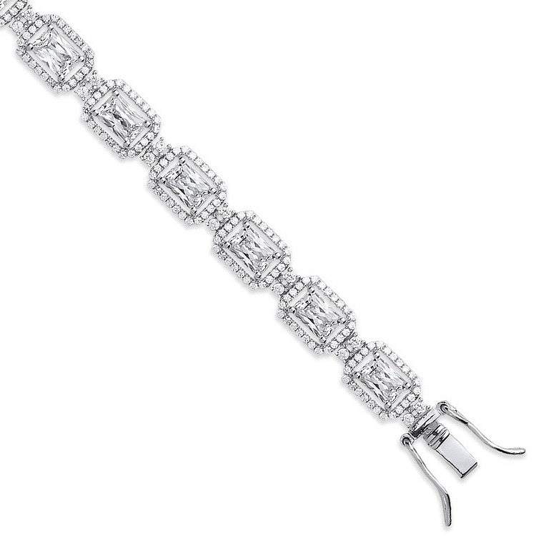 Sterling Silver Clear Cubic Zirconia Emerald Cut in a Halo Style Tennis Bracelet