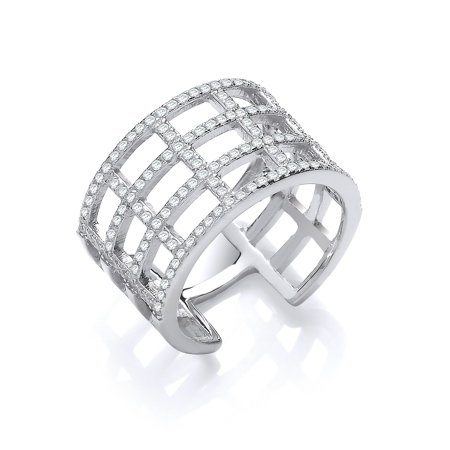 Sterling Silver Open Rectangular Designs Cubic Zirconia Ring