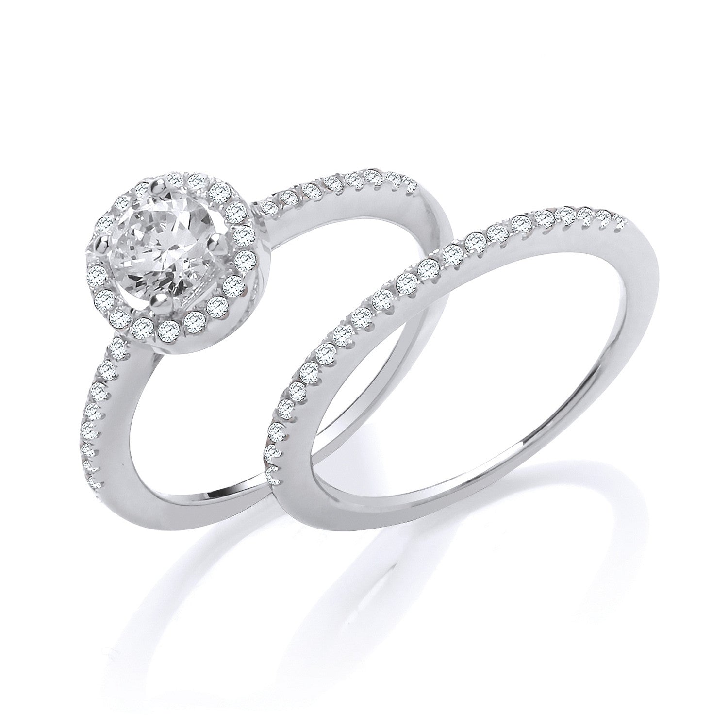 Sterling Silver Bridal Set Halo Solitaire with Half Eternity Cubic Zirconia