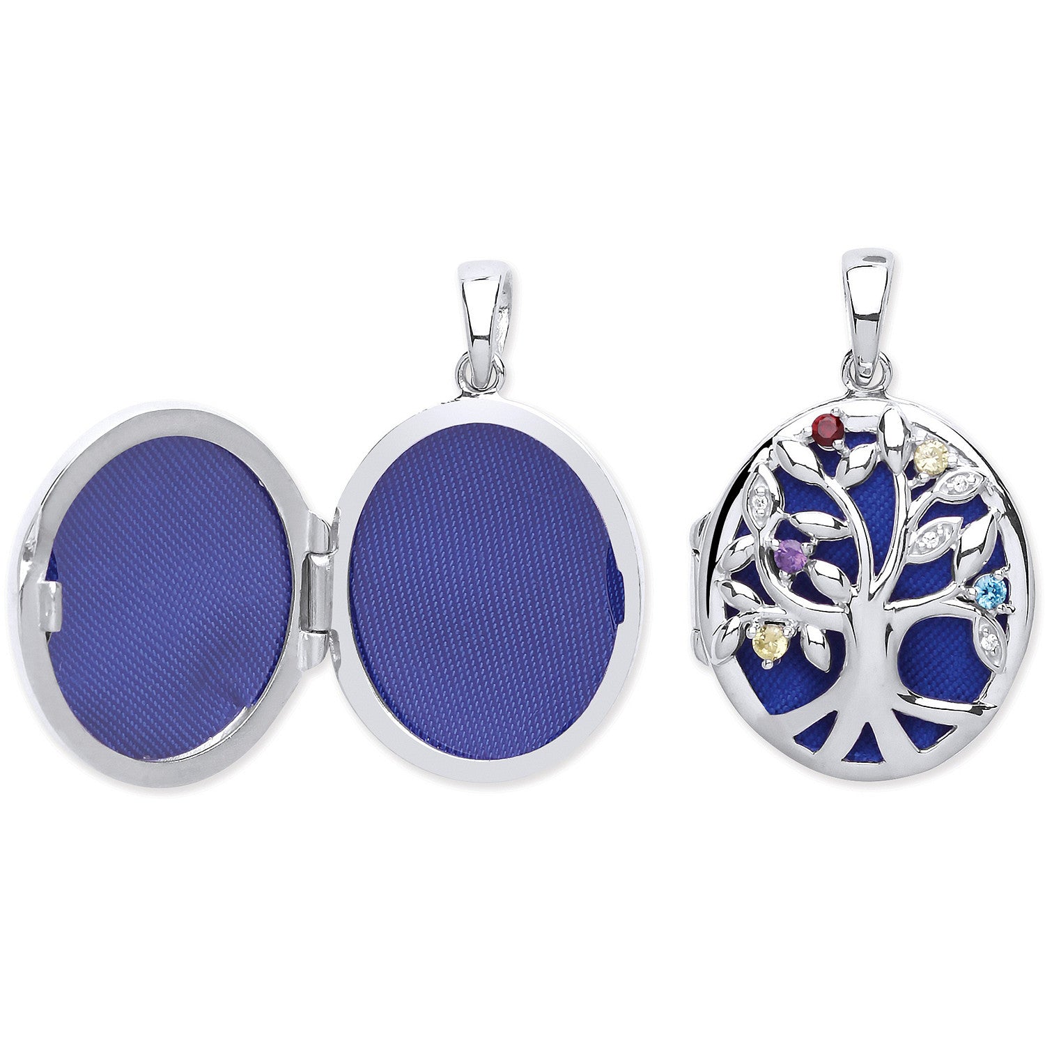 Sterling Silver Oval Tree of Life Locket with Multi Colour Cubic Zirconia's