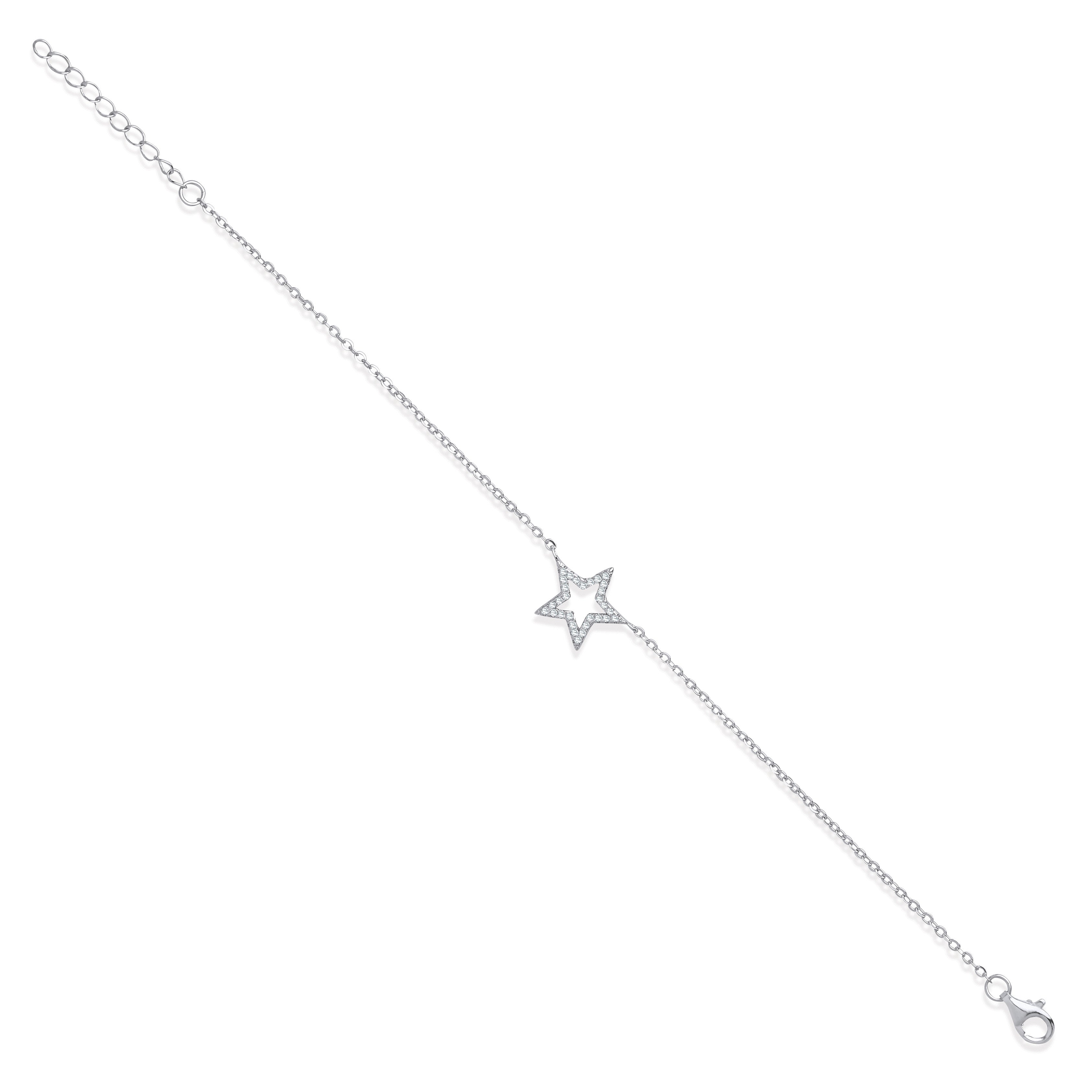 Sterling Silver Pave Cubic Zirconia Star Necklace + 1" Extender /Bracelet