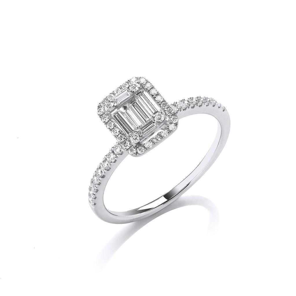 18ct White Gold 0.50ct Baguette & Brilliant Cut Diamonds Rectangle Halo Ring