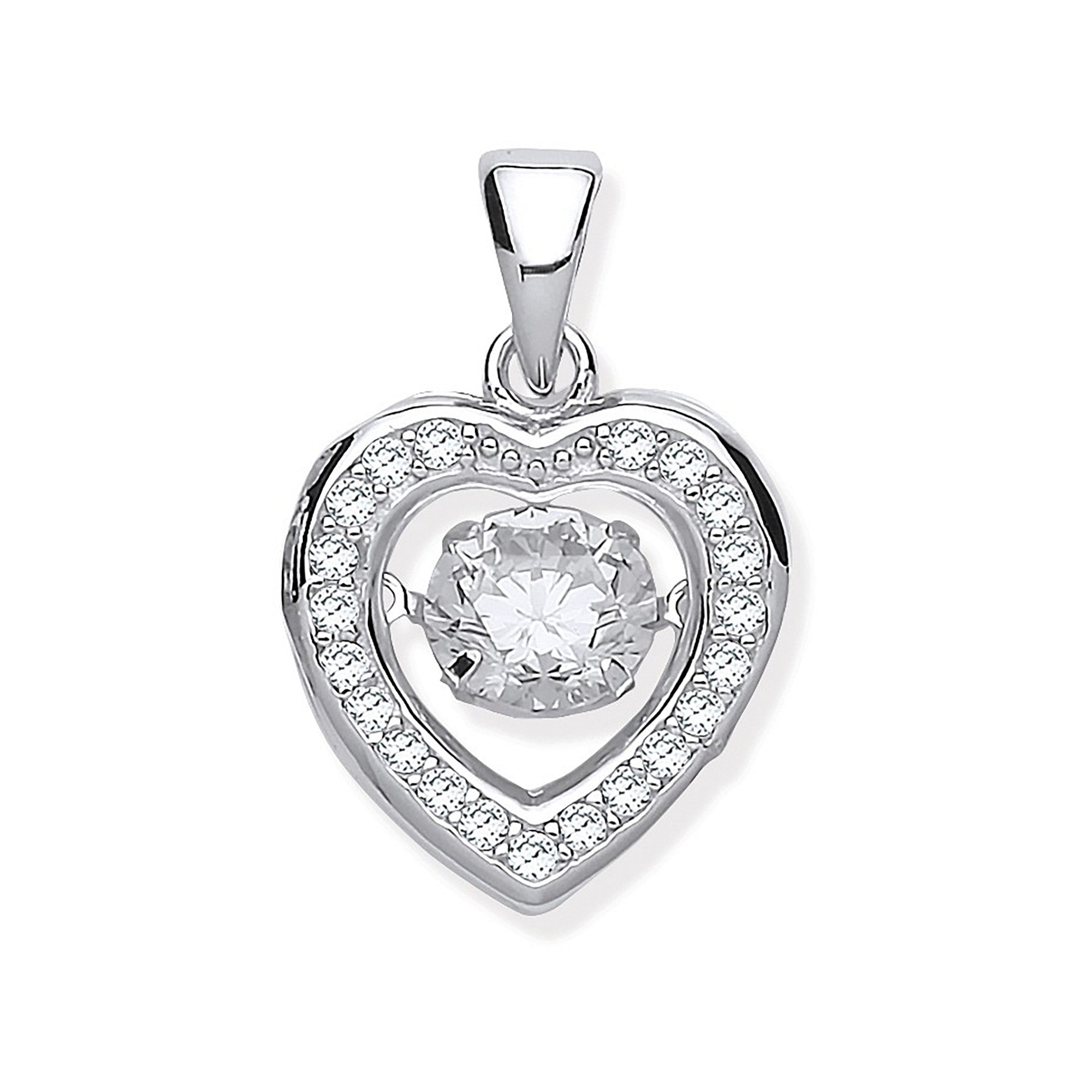 Sterling Silver Cubic Zirconia Heart Pendant with Hanging Shimering Cubic Zirconia