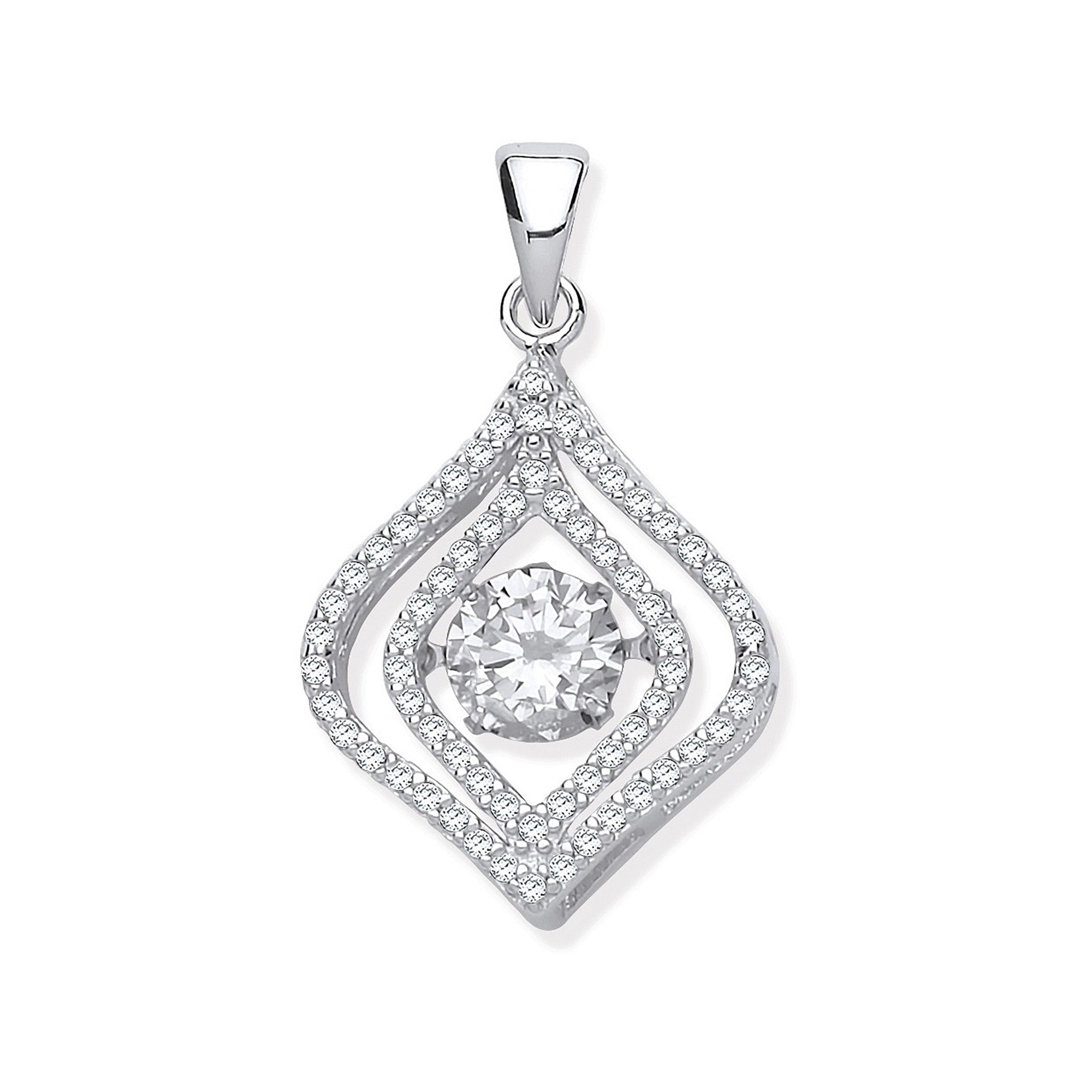 Sterling Silver Cubic Zirconia Pendant with Hanging Shimering Clear Cubic Zirconia