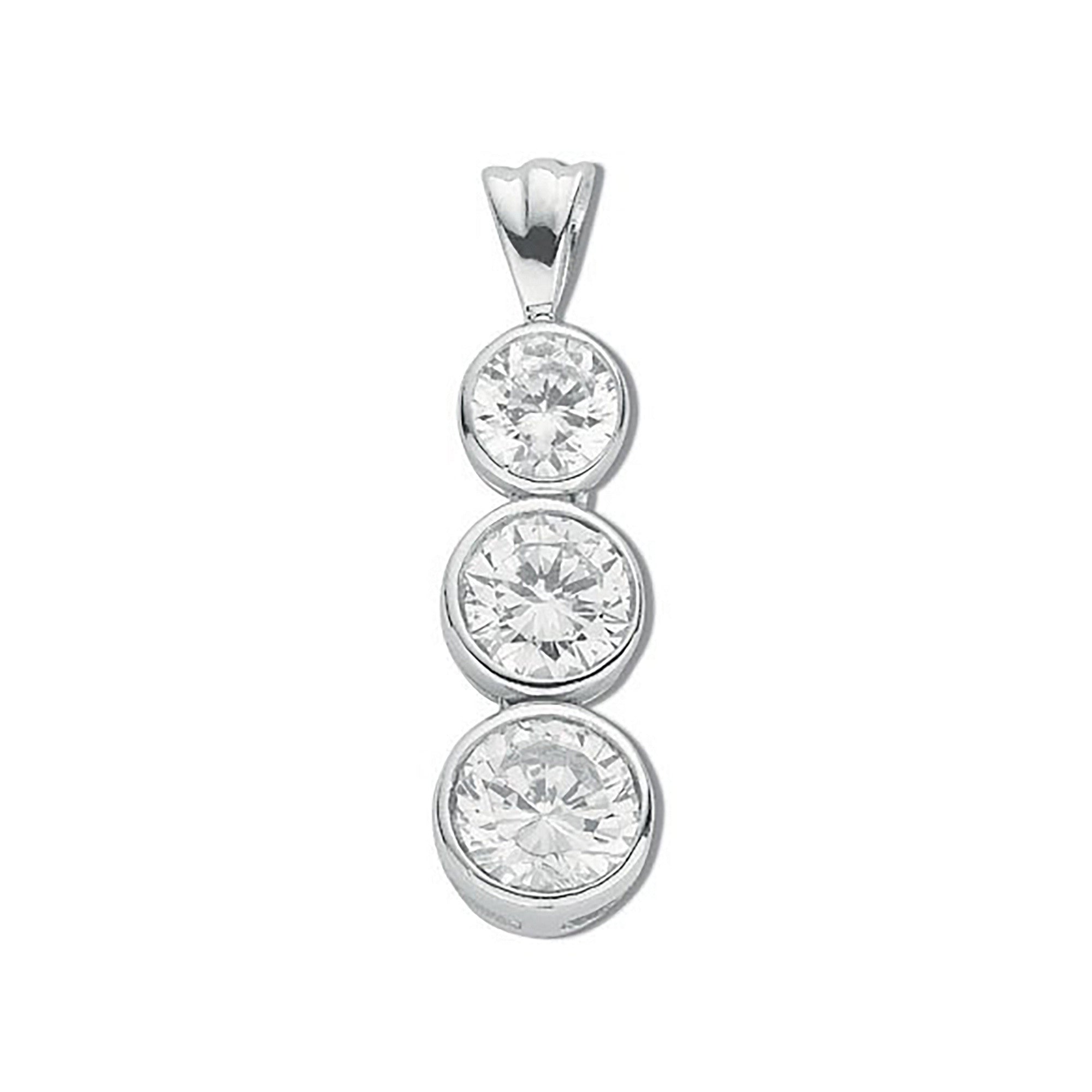 Sterling Silver Rubover Set Cubic Zirconia Trilogy Drop Pendant