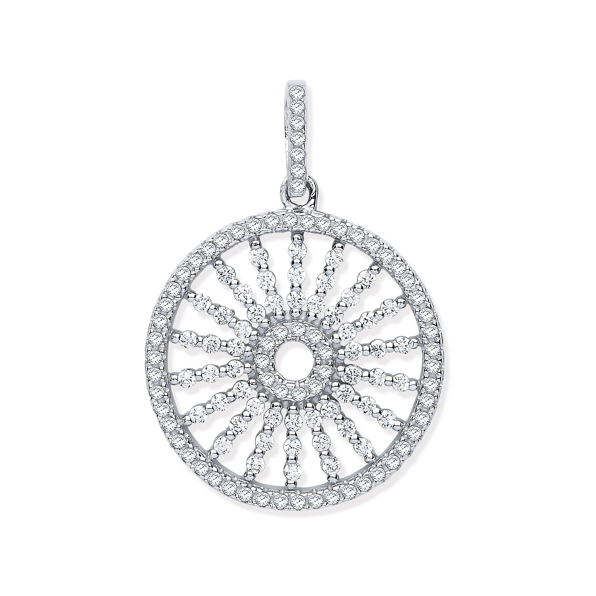 Sterling Silver Circle with Burst Lines Cubic Zirconia Pendant