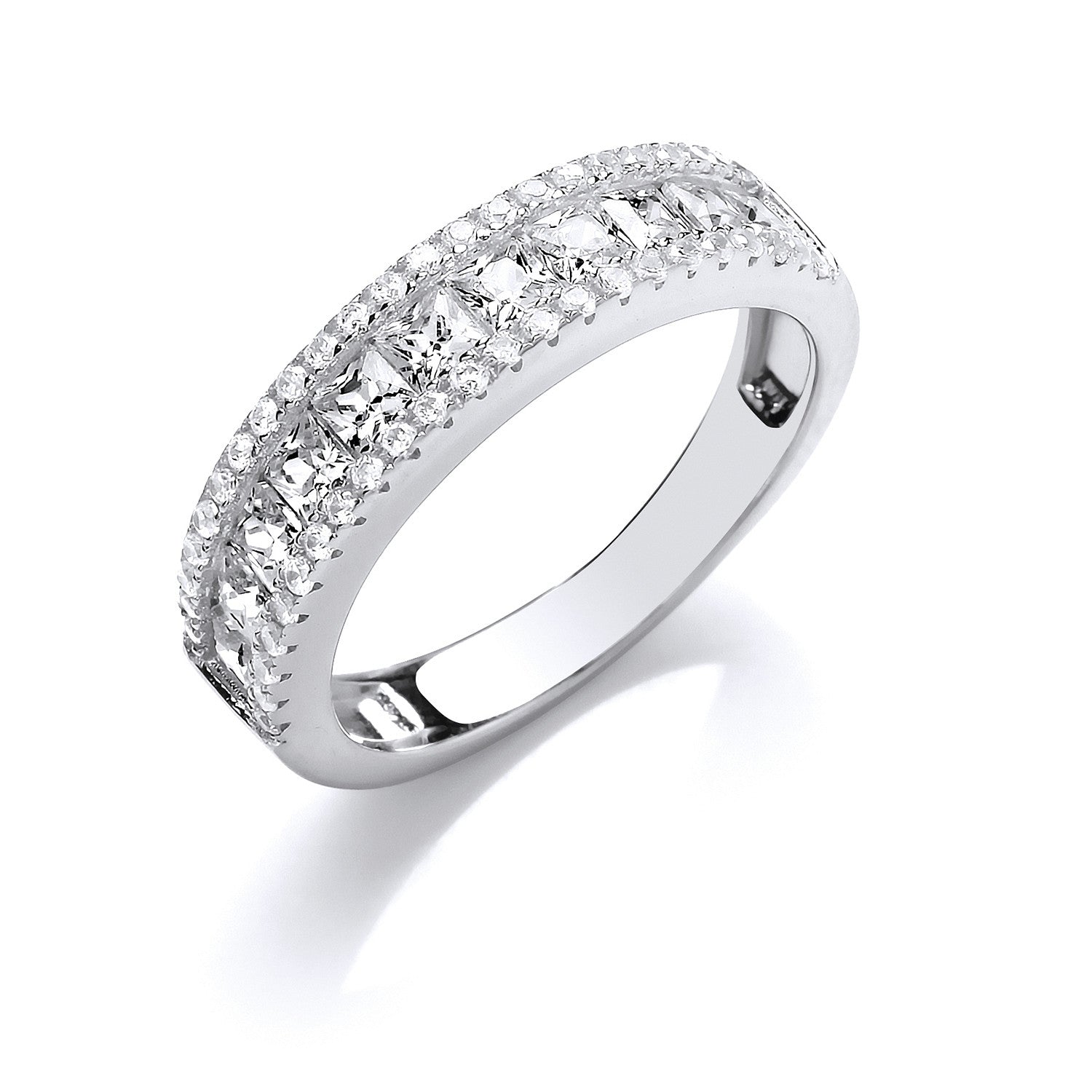 Sterling Silver Princess Cut & Round Cubic Zirconias Half Eternity Ring