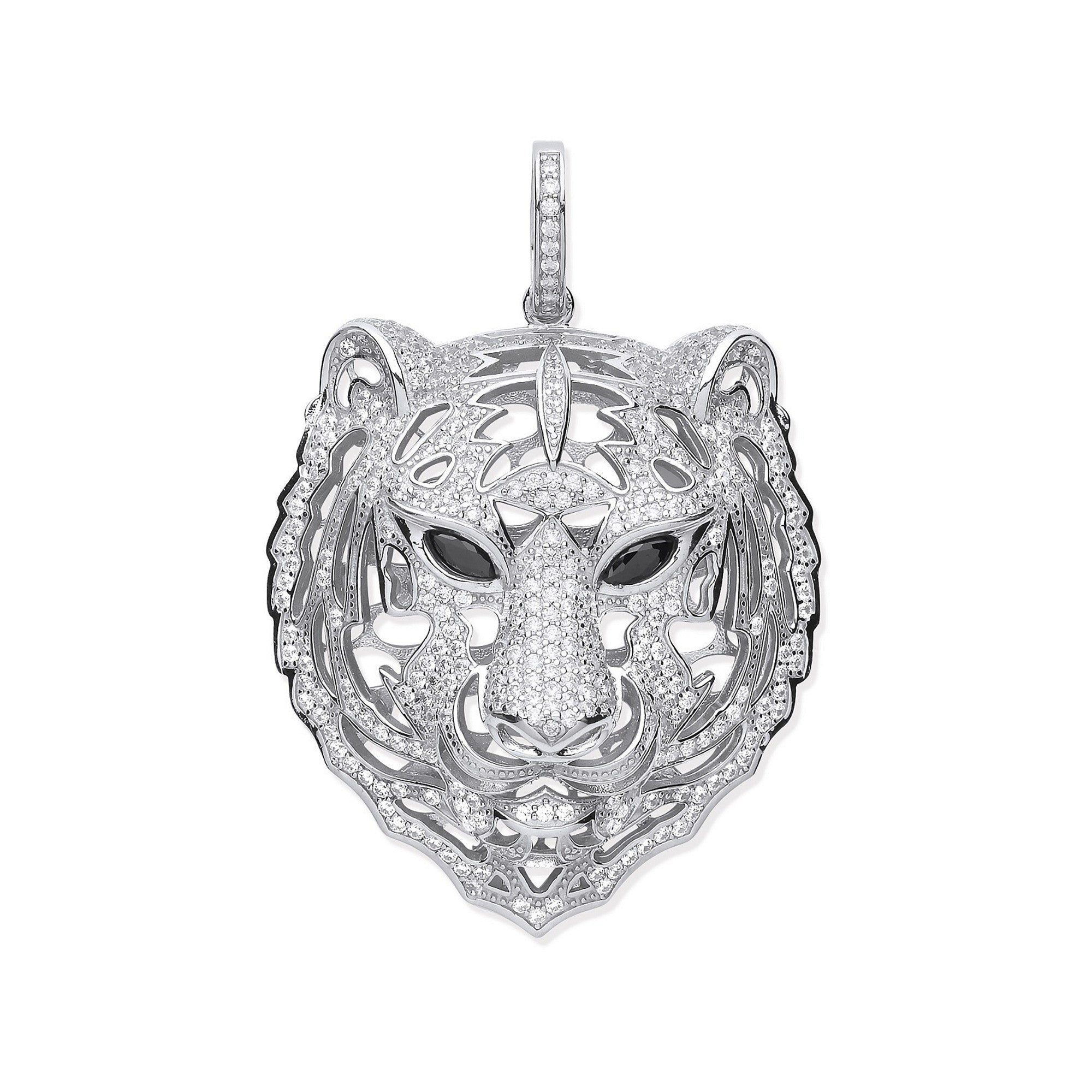 Sterling Silver Cubic Zirconia Tiger Head Black Cubic Zirconia Eyes Pendant