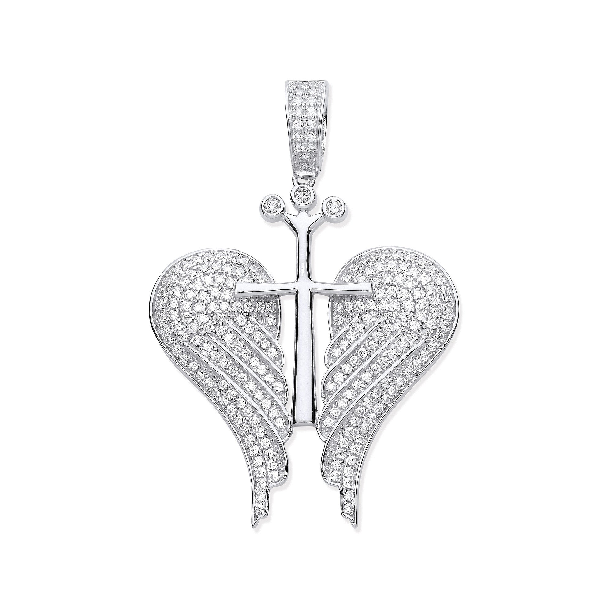 Sterling Silver Cubic Zirconia Open Angel Wings with Royal Cross Pendant
