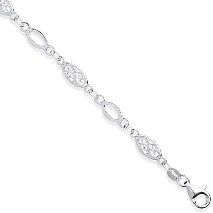 Sterling Silver Filigree & Plain Links Ladies Bracelet