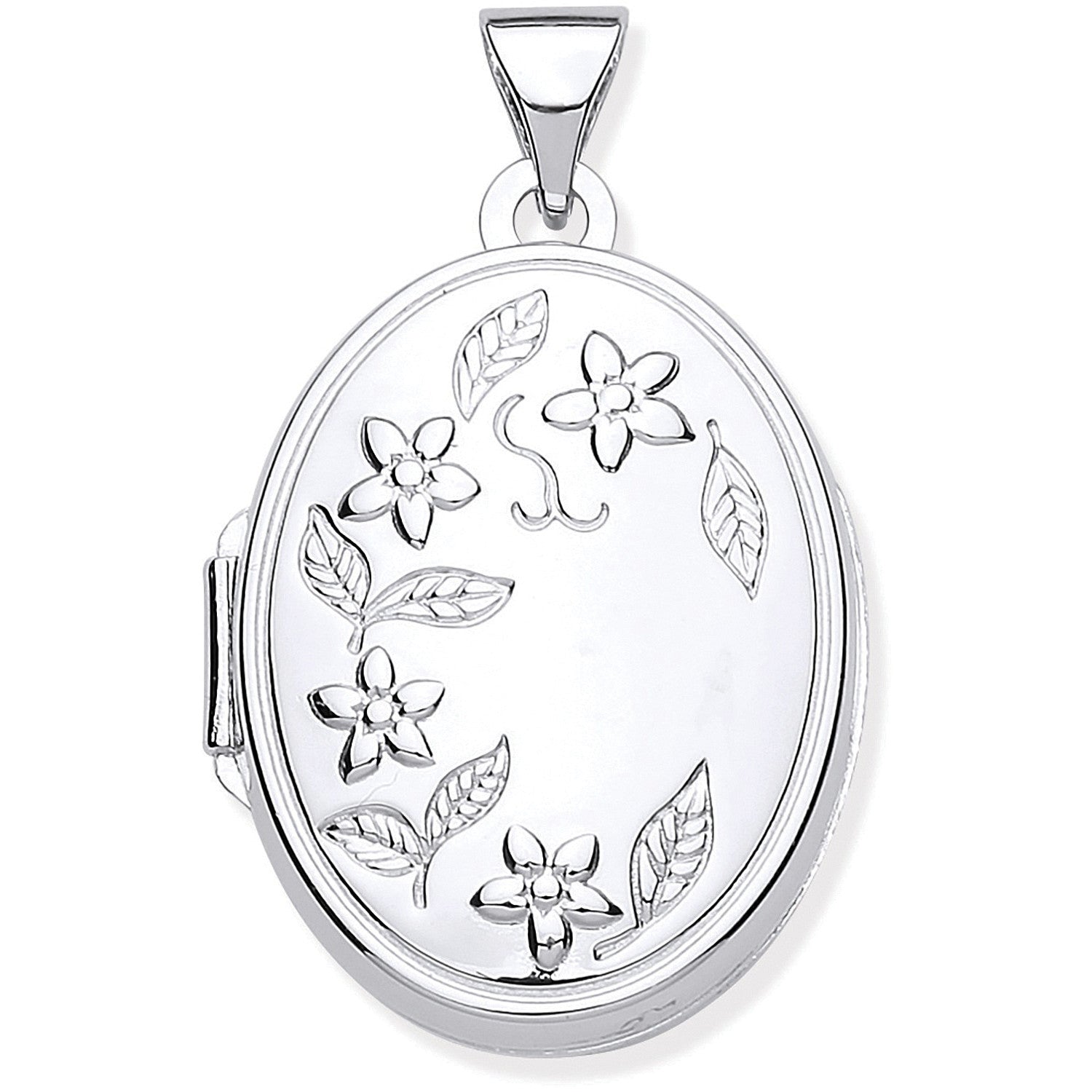 Sterling Silver Engraved Flower Oval Locket