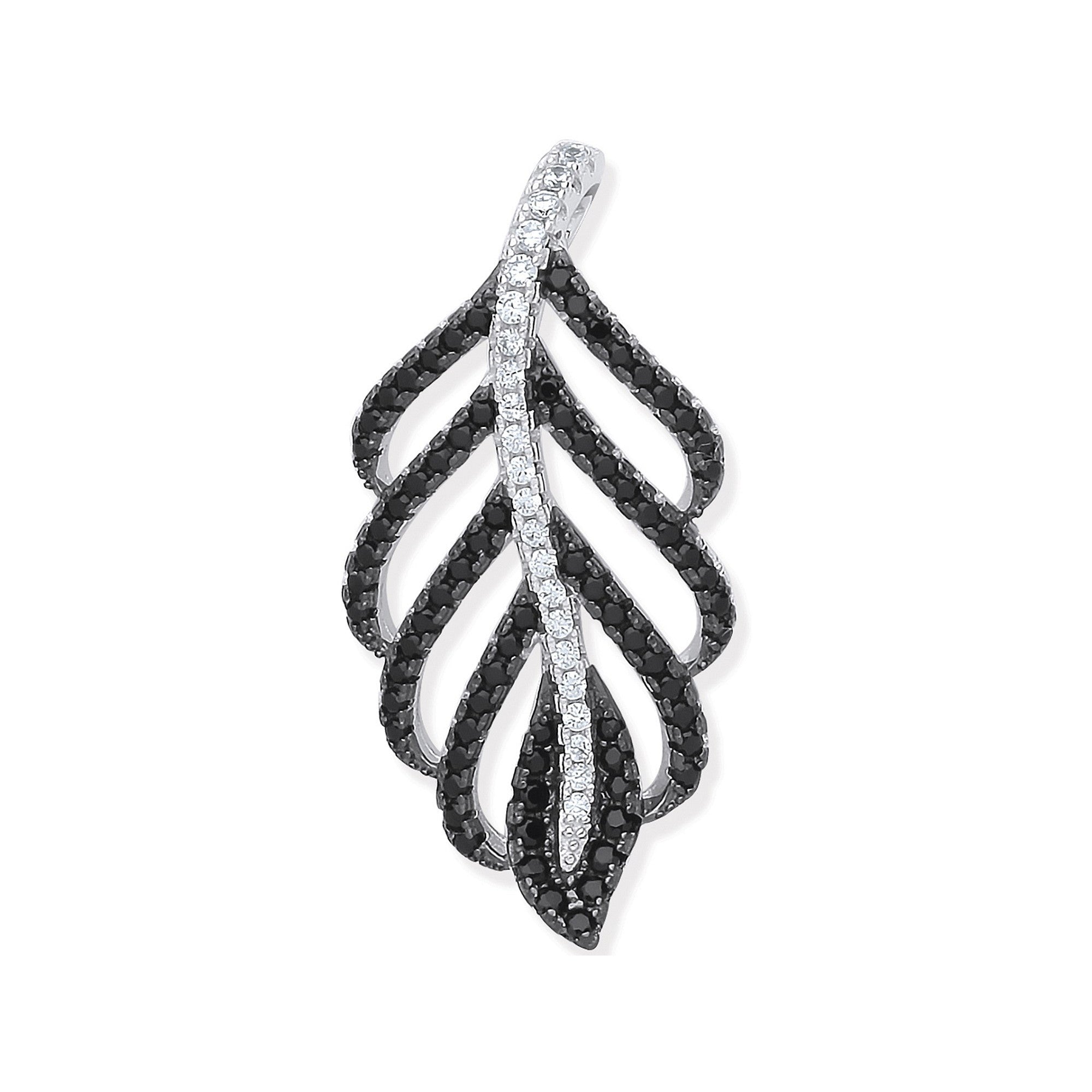 Sterling Silver Black & Clear Cubic Zirconia Leaf Drop Pendant
