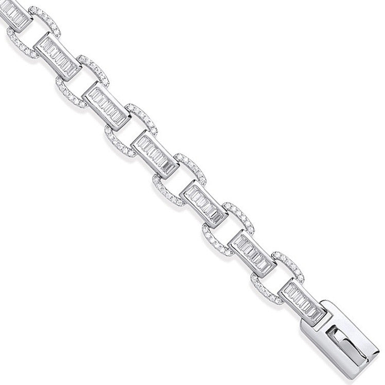 Sterling Silver Baguette & Round 226 Cubic Zirconias Ladies Bracelet