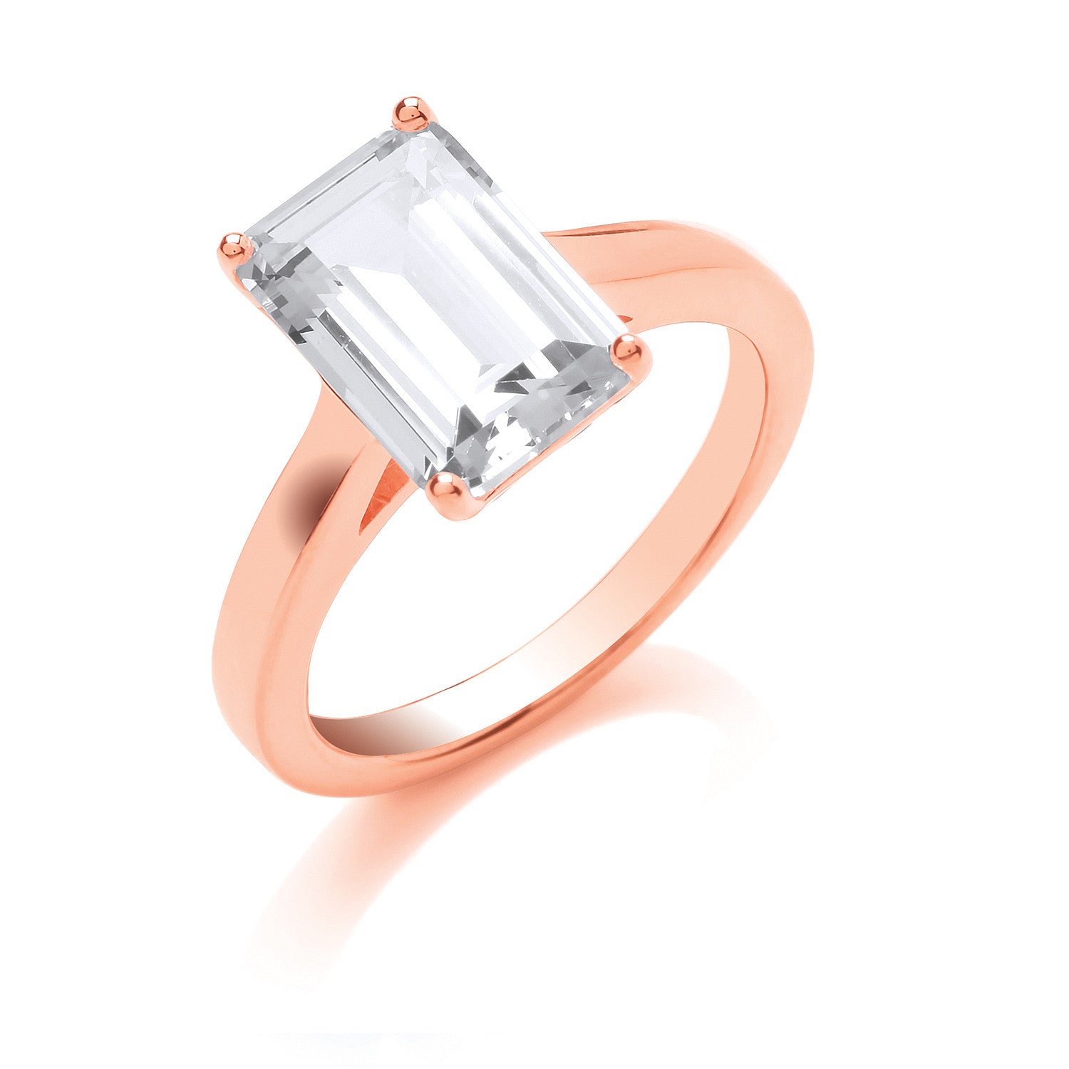 Sterling Silver Rose Gold Plated Emerald Cut Solitaire Ring