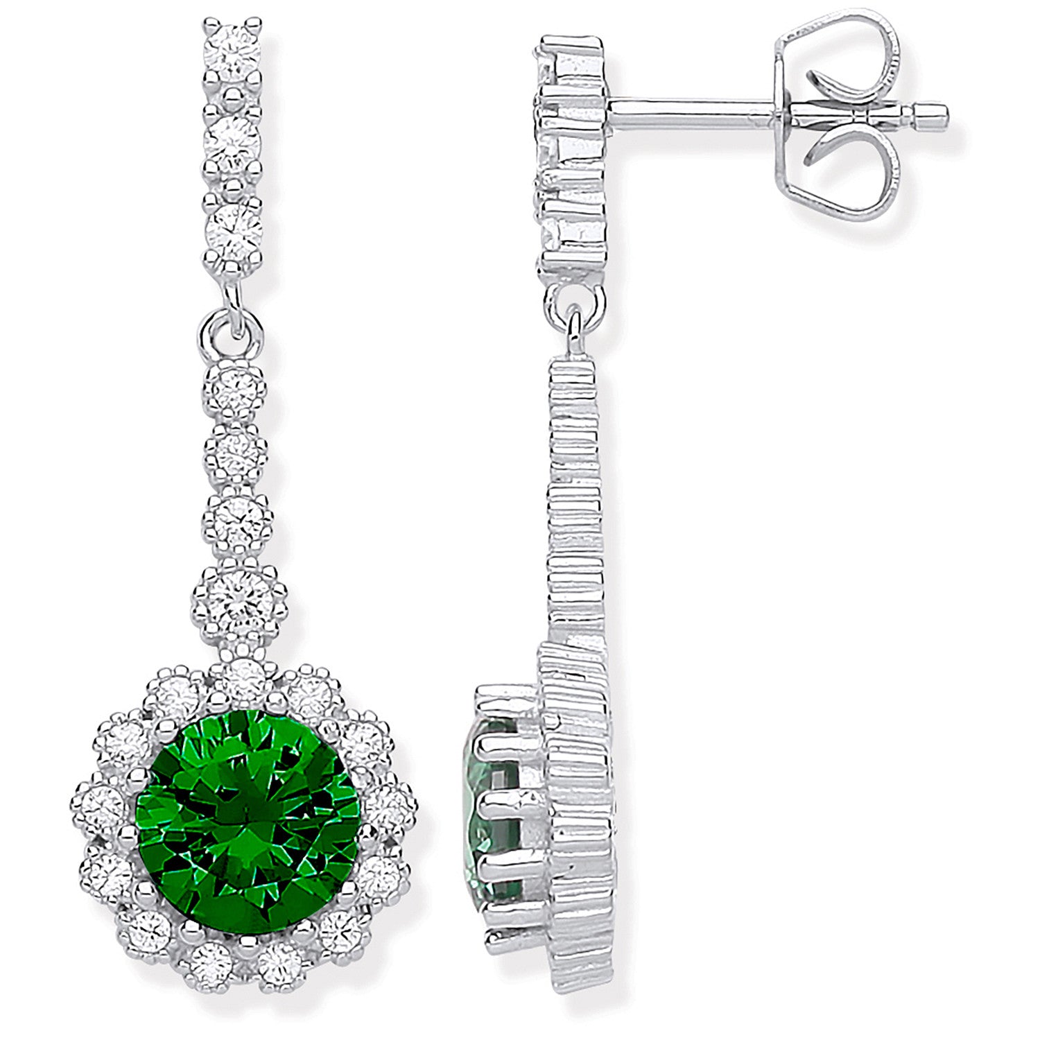 Sterling Silver Round Green Cubic Zirconia Long Drop Earrings