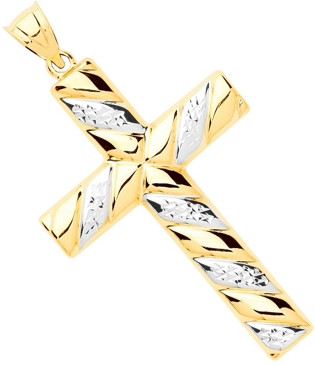 9ct Yellow & White Gold Hollow Tube Ribbed Cross