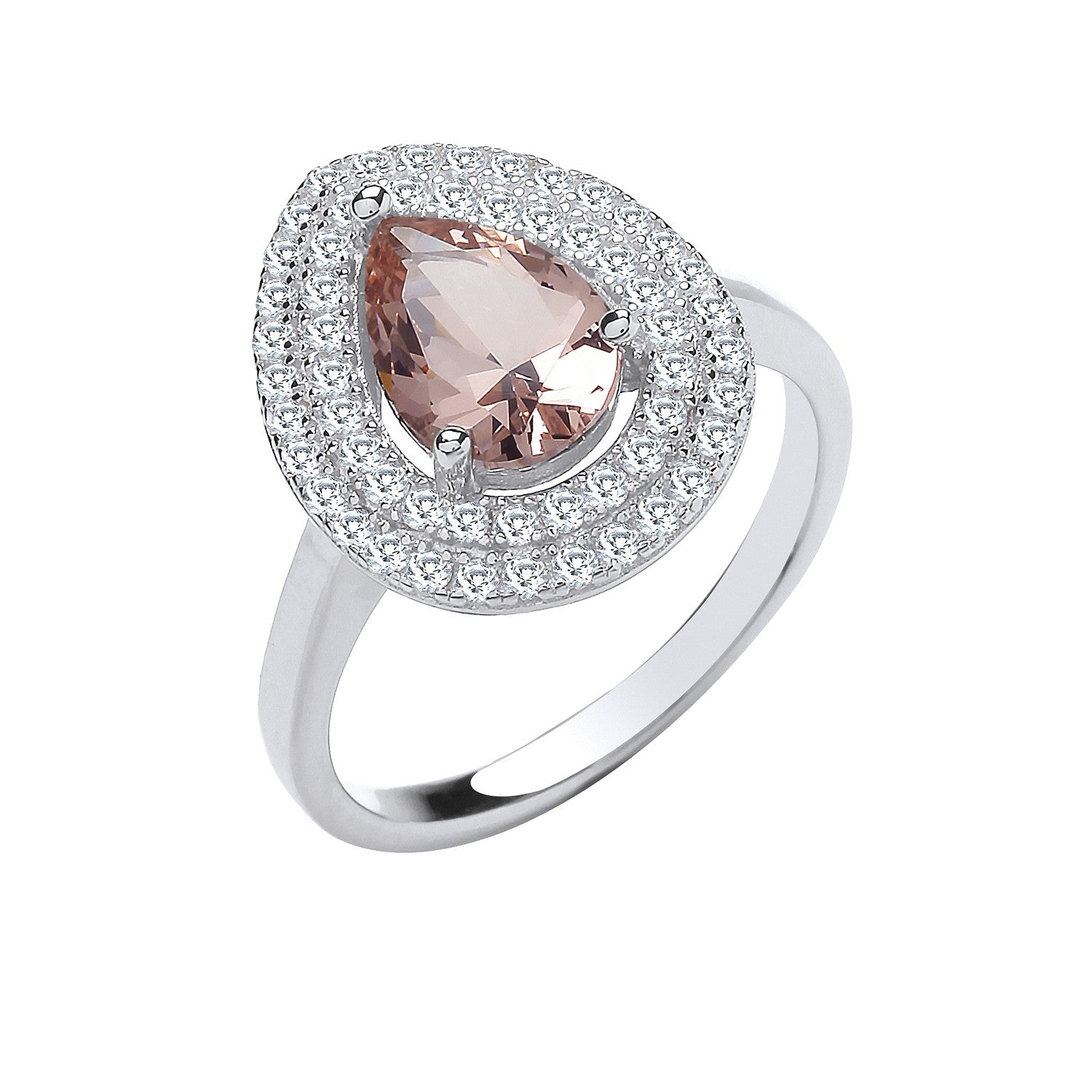 Sterling Silver Double Cubic Zirconia Pear Halo & Synthetic Morganite Ring