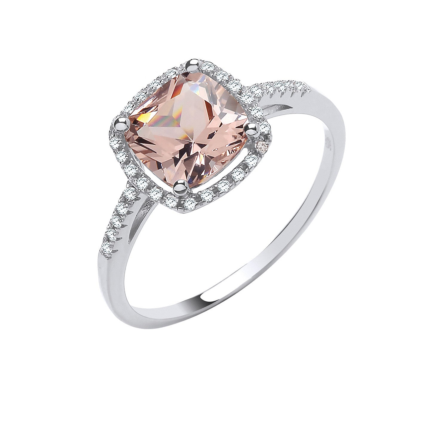 Sterling Silver Cushion Cut Synthetic Morganite & Cubic Zirconia Halo Ring