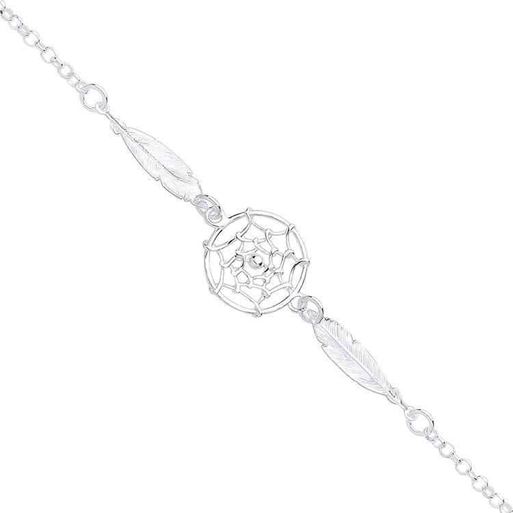 Sterling Silver Dream Catcher, Feather Spider Web Drop Bracelet