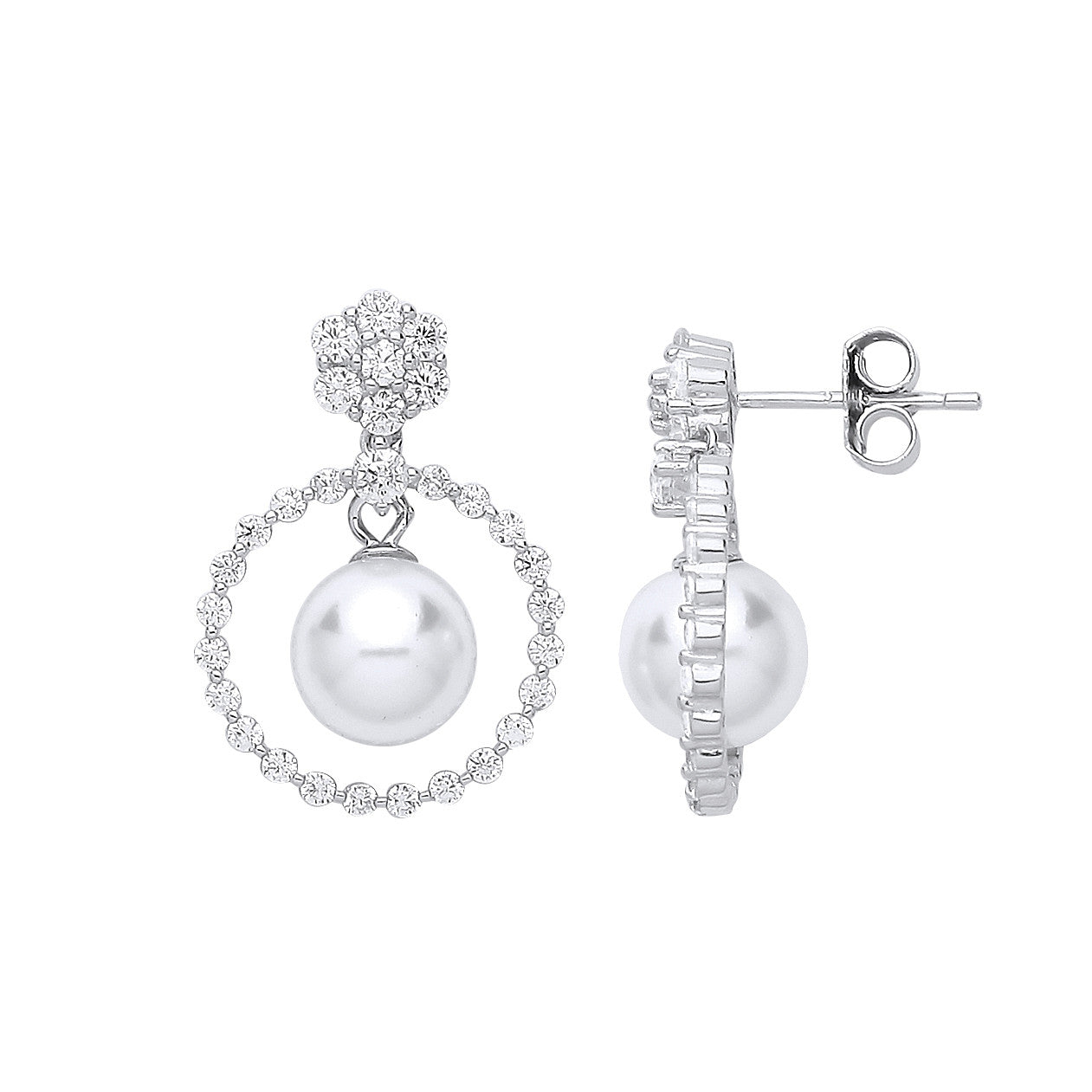 Sterling Silver Circle of Life, Pearl & Cubic Zirconia Drop Earrings