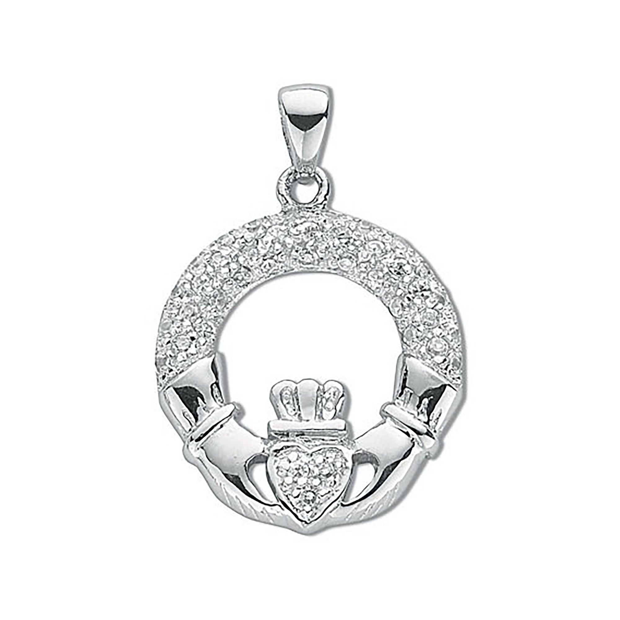 Sterling Silver Pave Set Cubic Zirconia Claddagh Drop Pendant