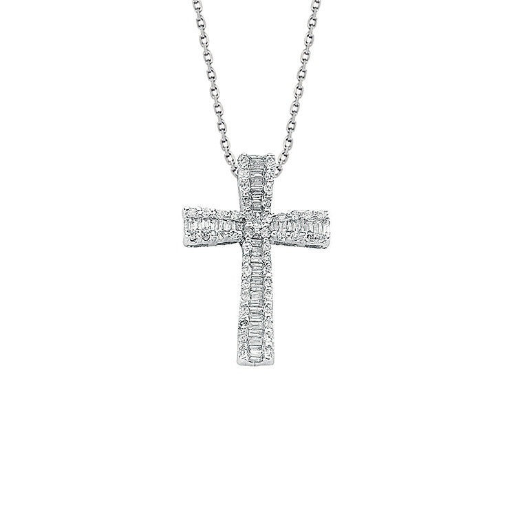 9ct White Gold 0.50ct Brilliant & Baguette Cut Diamond Cross Pendant with 18in/45cm Chain