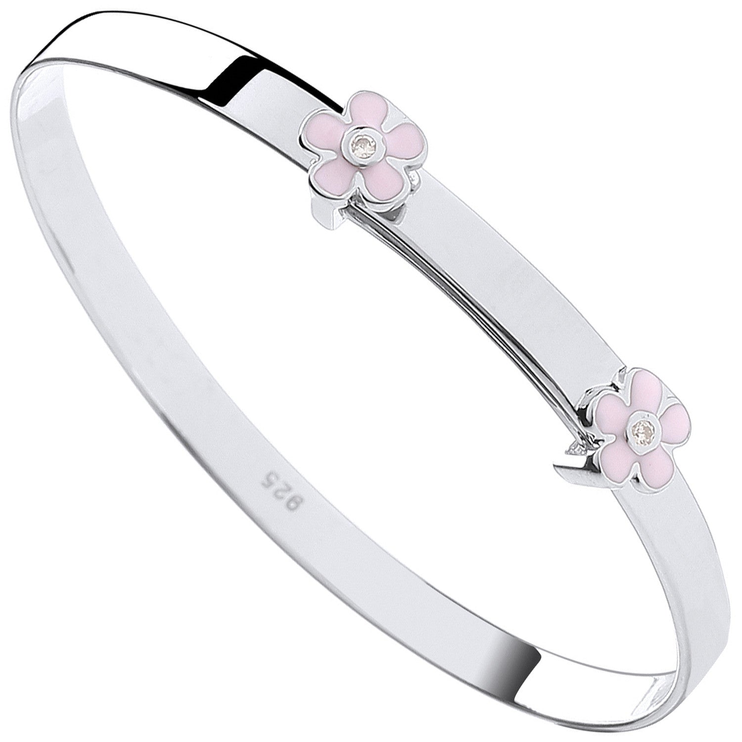 Sterling Silver Pink Enamel & Cubic Zirconia Flowers Expandable Baby Bangle