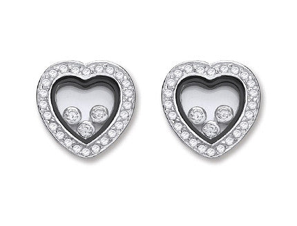 Sterling Silver Floating Cubic Zirconia Heart Stud Earrings