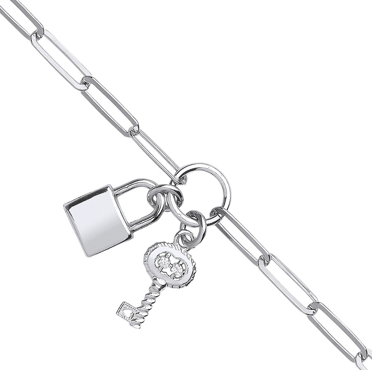 Sterling Silver Paper Clip Chain , Padlock & Cubic Zirconia Key Bracelet