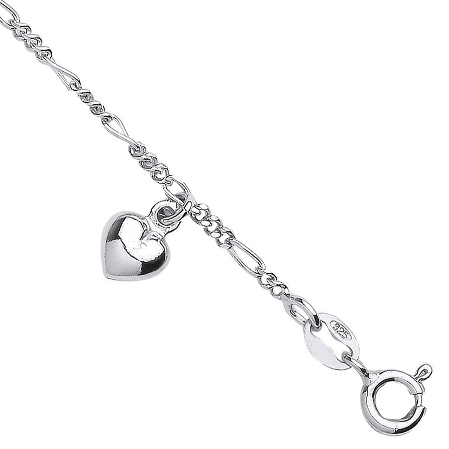 Sterling Silver small figaro chain with heart charms bracelet