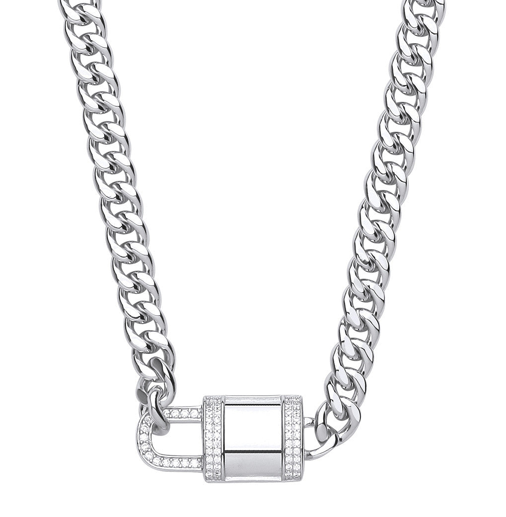 Sterling Silver Cubic Zirconia Padlock Choker Necklace