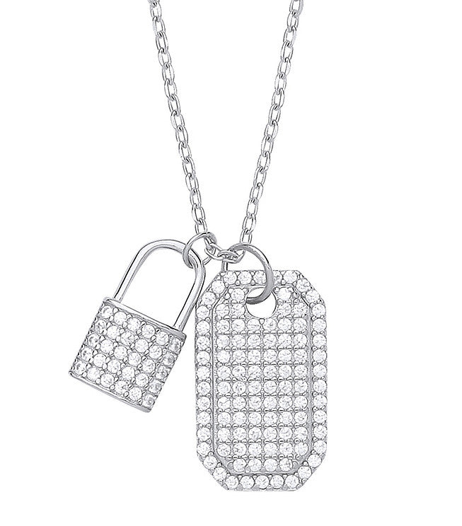 Sterling Silver Cubic Zirconia Padlock & Dog Tag Necklace
