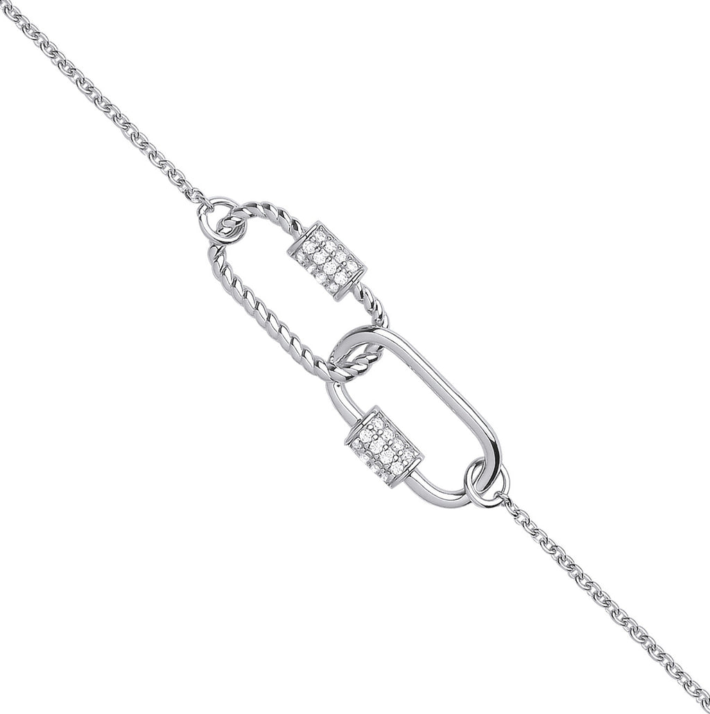 Sterling Silver Paper Clip Cubic Zirconia Ladies Bracelet