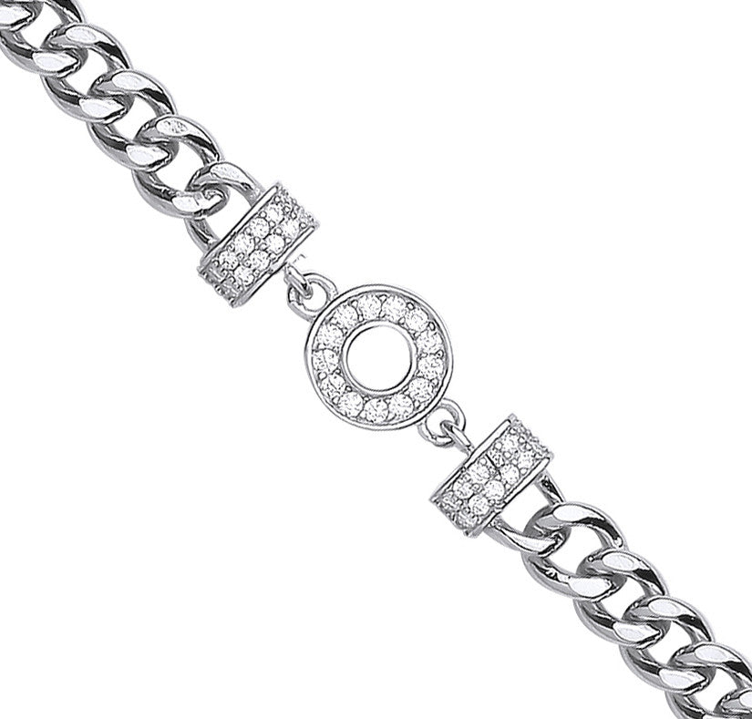 Sterling Silver Circle of Life Cubic Zirconia Ladies Curb Bracelet