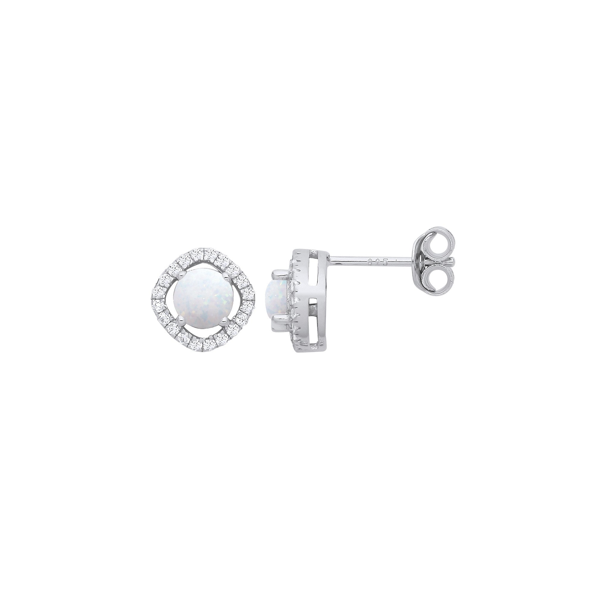 Sterling Silver Opal & Cubic Zirconia Halo Style Stud Earrings