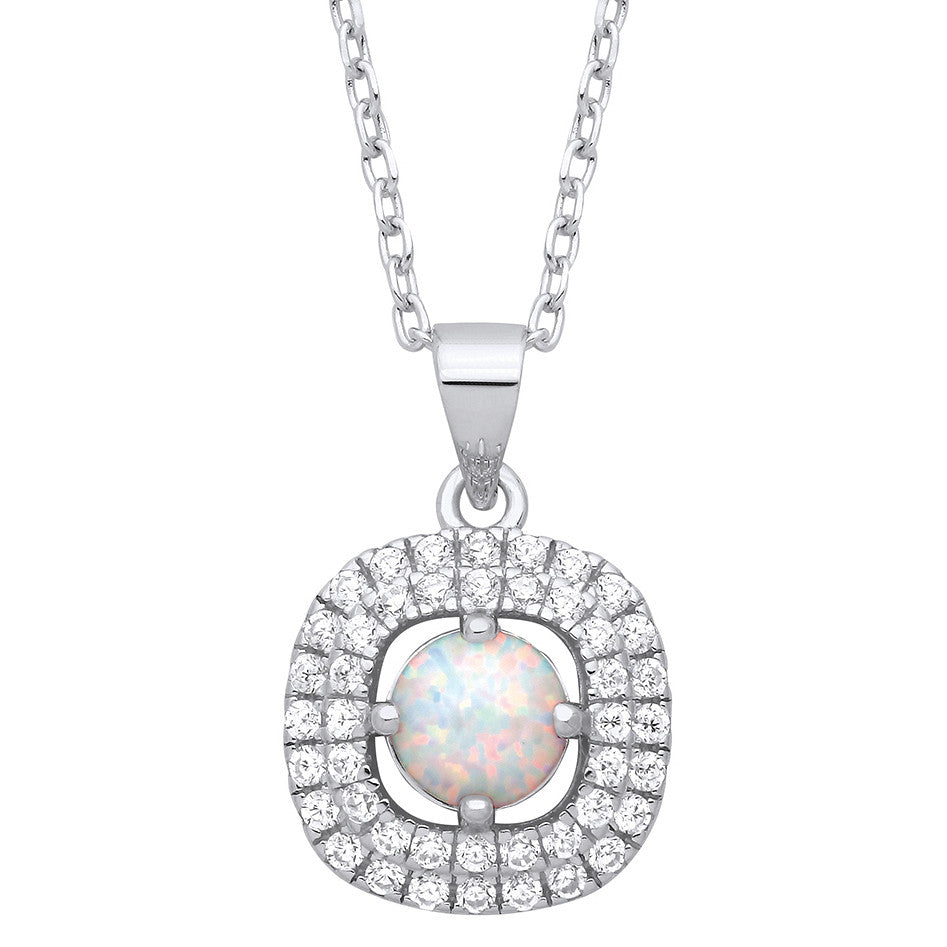 Sterling Silver Opal Halo Style Pendant with Chain