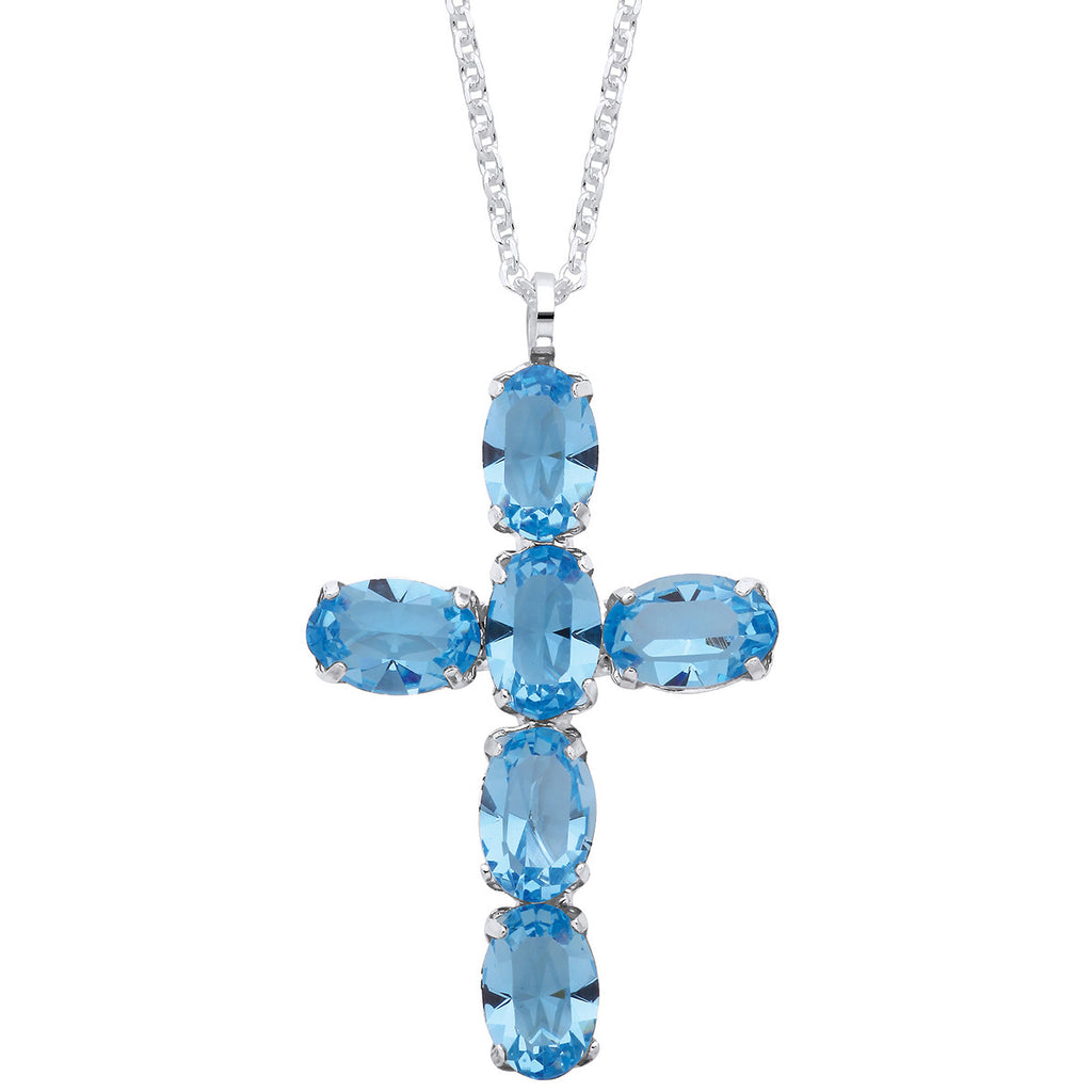 Sterling Silver Blue Crystal Cross Pendant on Chain