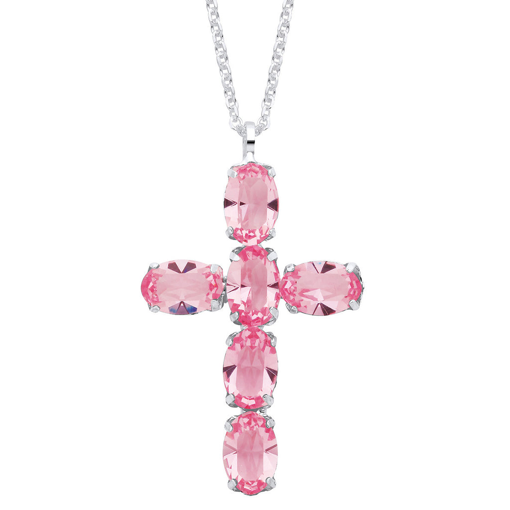 Sterling Silver Pink Crystal Cross Pendant on Chain