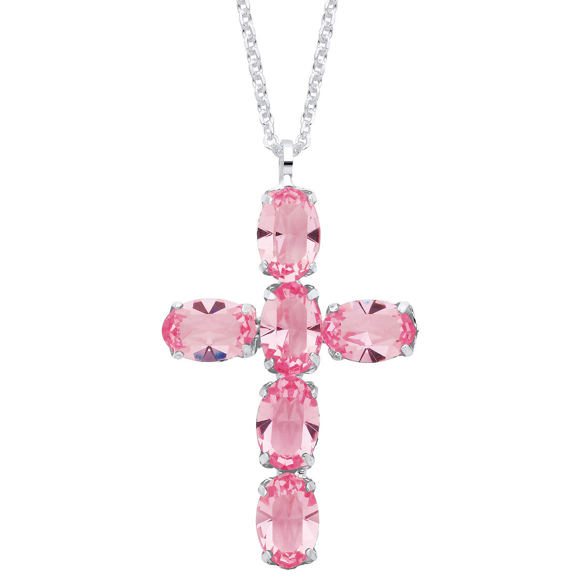 Sterling Silver Pink Crystal Cross Pendant on Chain