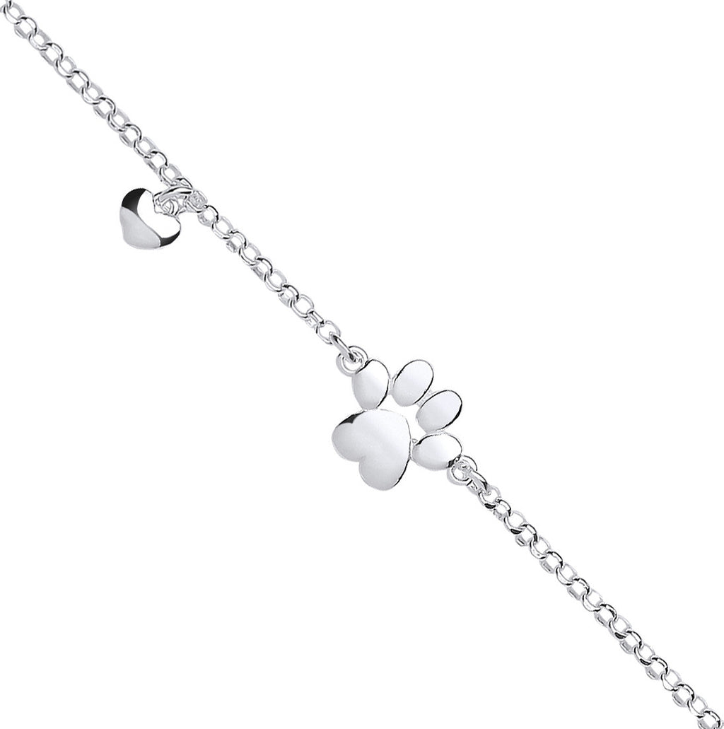 Sterling Silver Dog/Cat Paw & Heart Bracelet