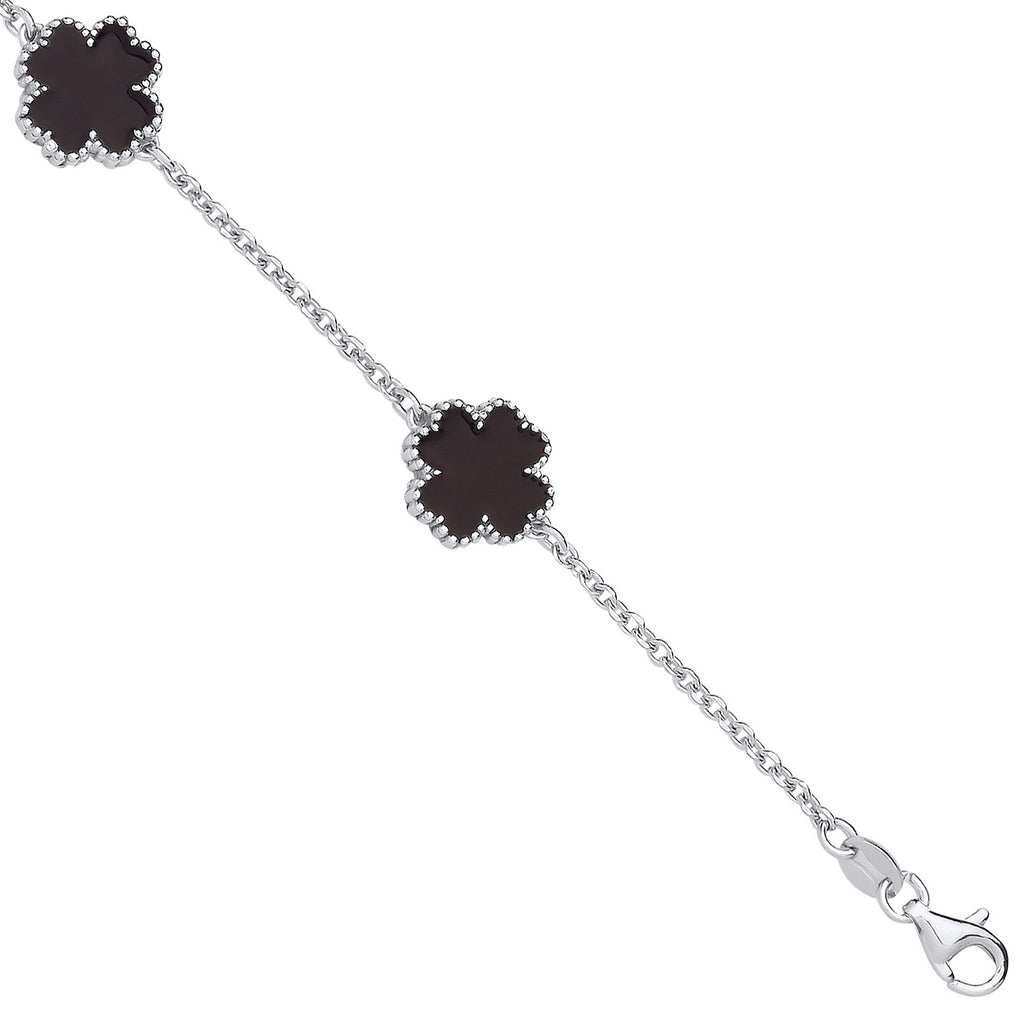 Sterling Silver Black Enamel Four Leaf Clover Bracelet 7"