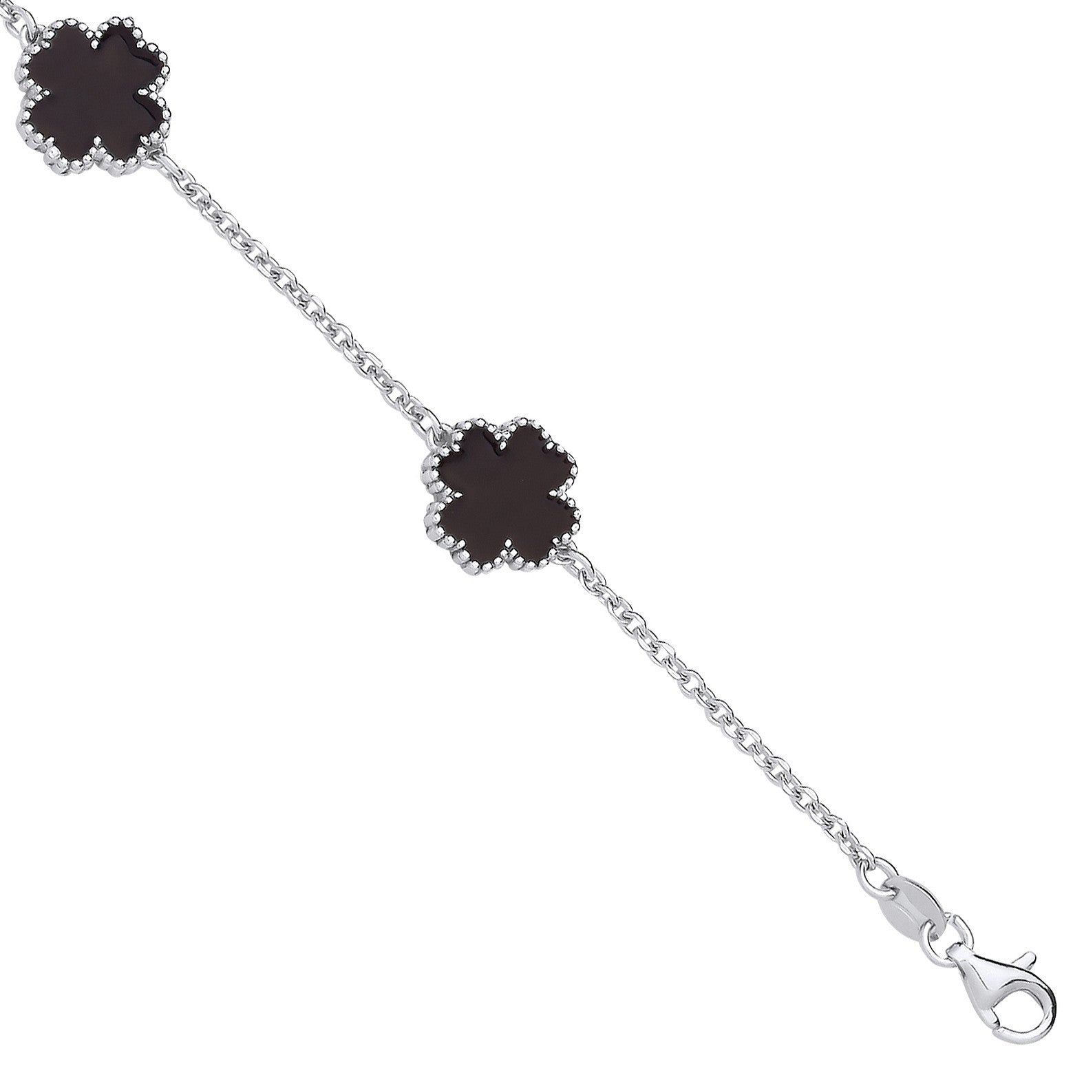 Sterling Silver Black Enamel Four Leaf Clover Bracelet 7"