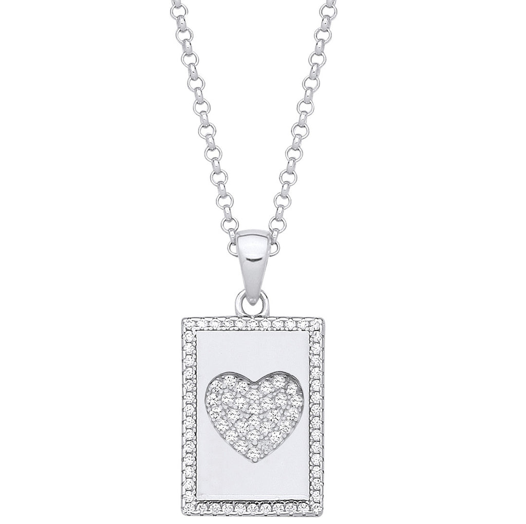 Sterling Silver Dog Tag Cubic Zirconias Heart Pendant on Chain