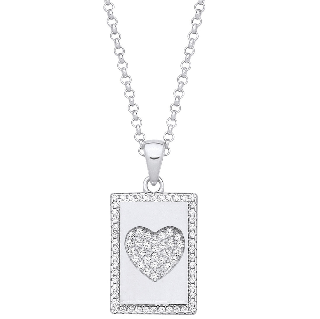Sterling Silver Dog Tag Cubic Zirconias Heart Pendant on Chain