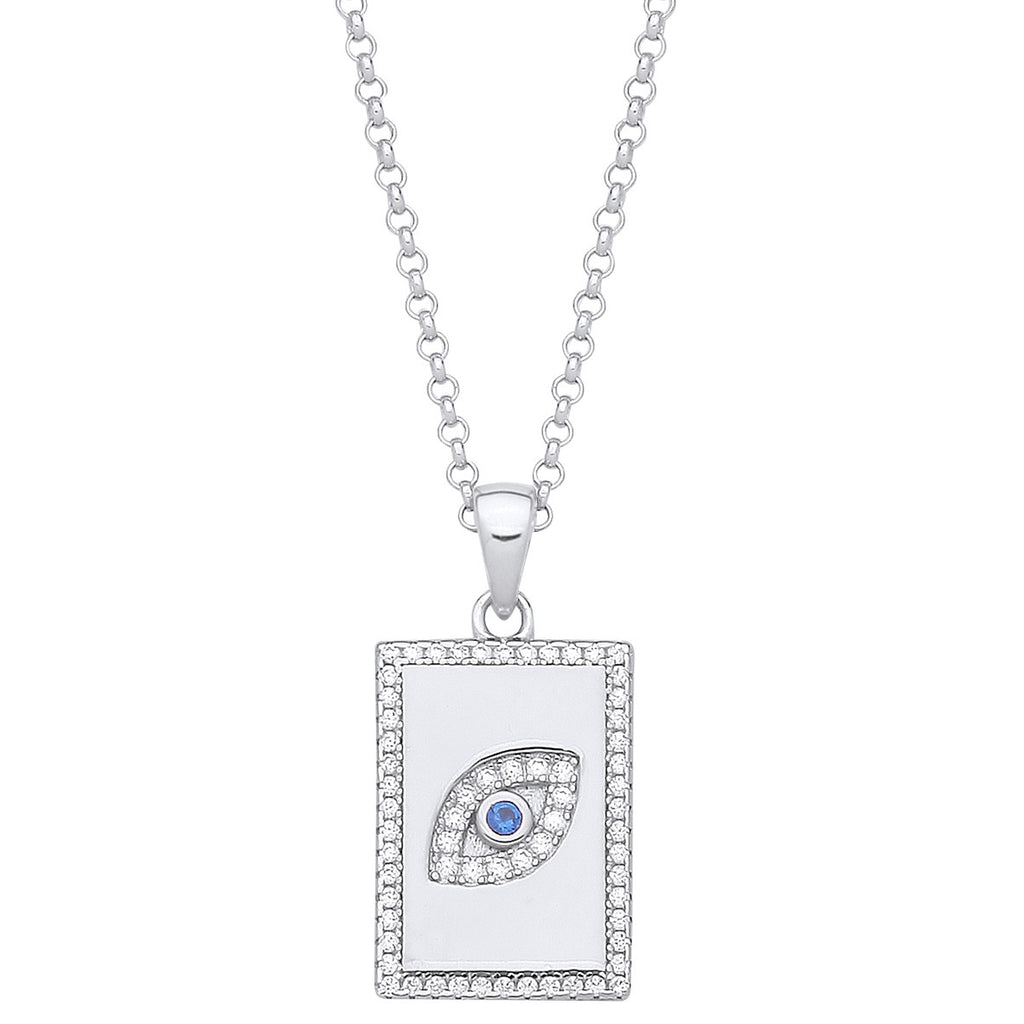 Sterling Silver Dog Tag Cubic Zirconias Evil Eye Pendant on Chain
