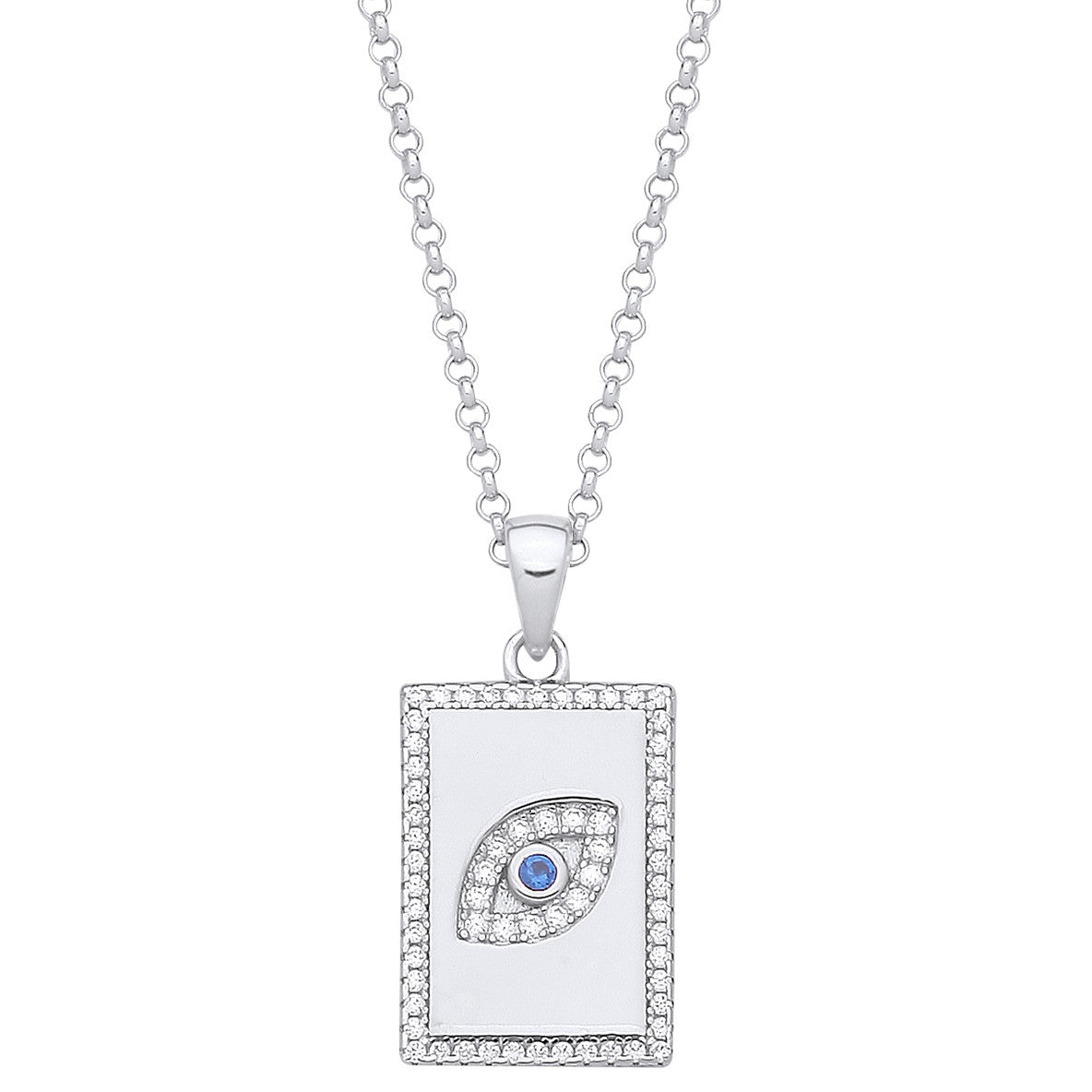 Sterling Silver Dog Tag Cubic Zirconias Evil Eye Pendant on Chain