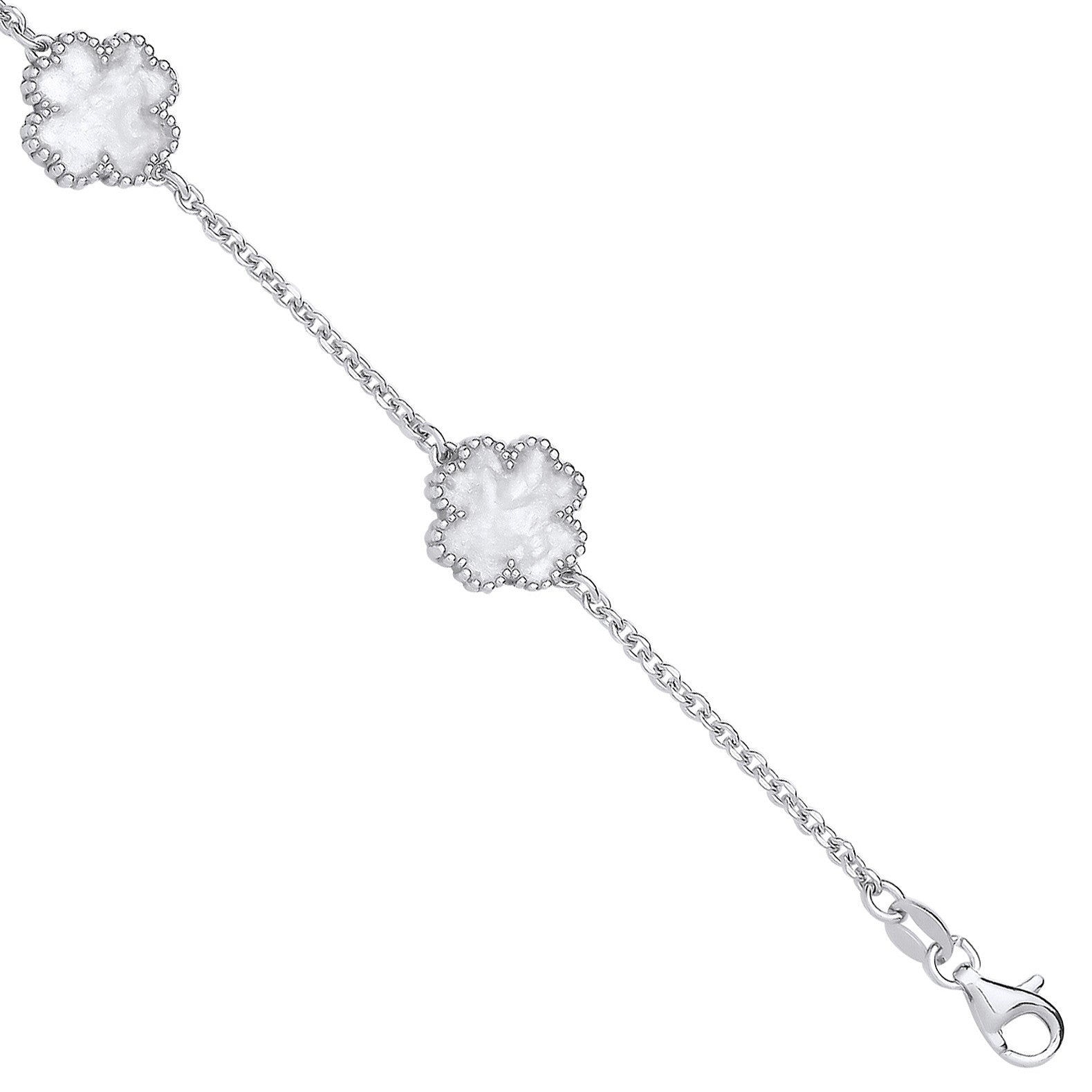 Sterling Silver White Enamel Four Leaf Clover Bracelet