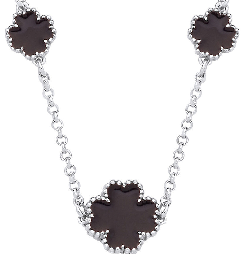 Sterling Silver Black Enamel Four Leaf Clover Necklace