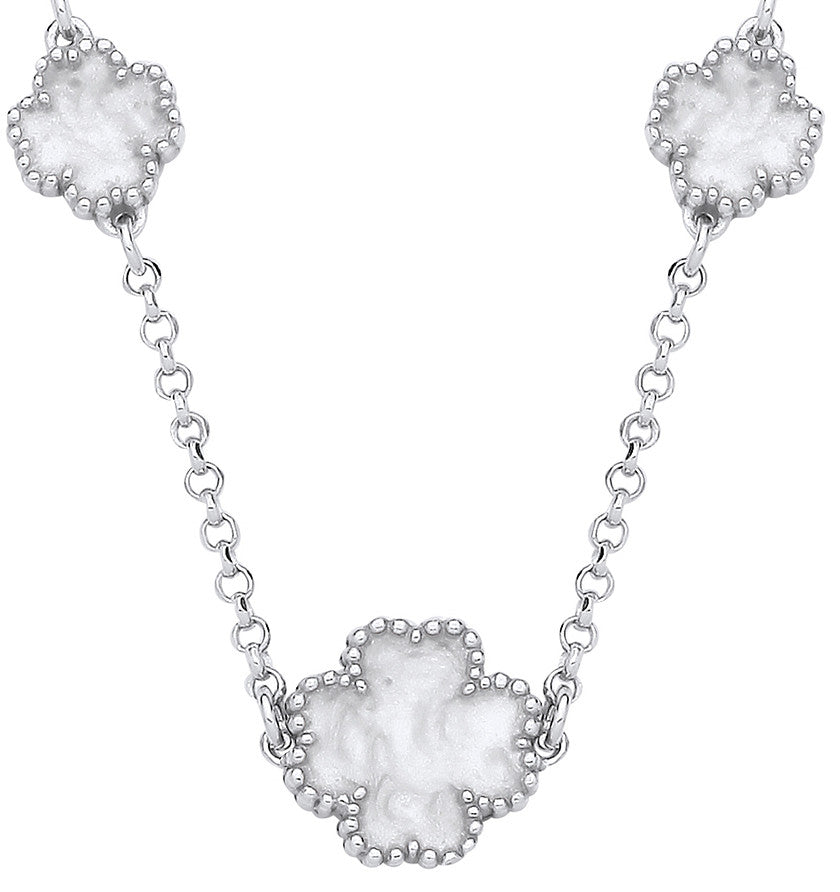Sterling Silver White Enamel Four Leaf Clover Necklace
